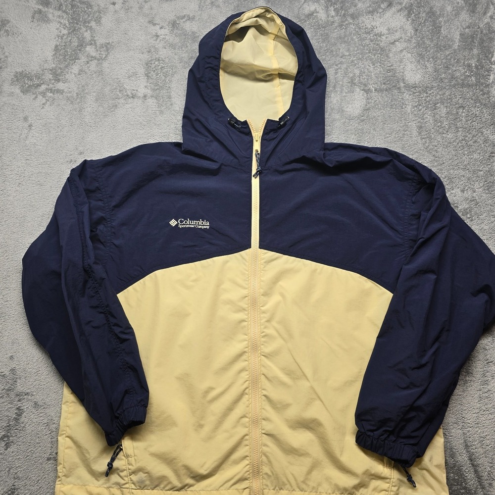 Columbia Windbreaker Hooded Jacket Womens XL Blue Yellow Full Zip Drawstring‎